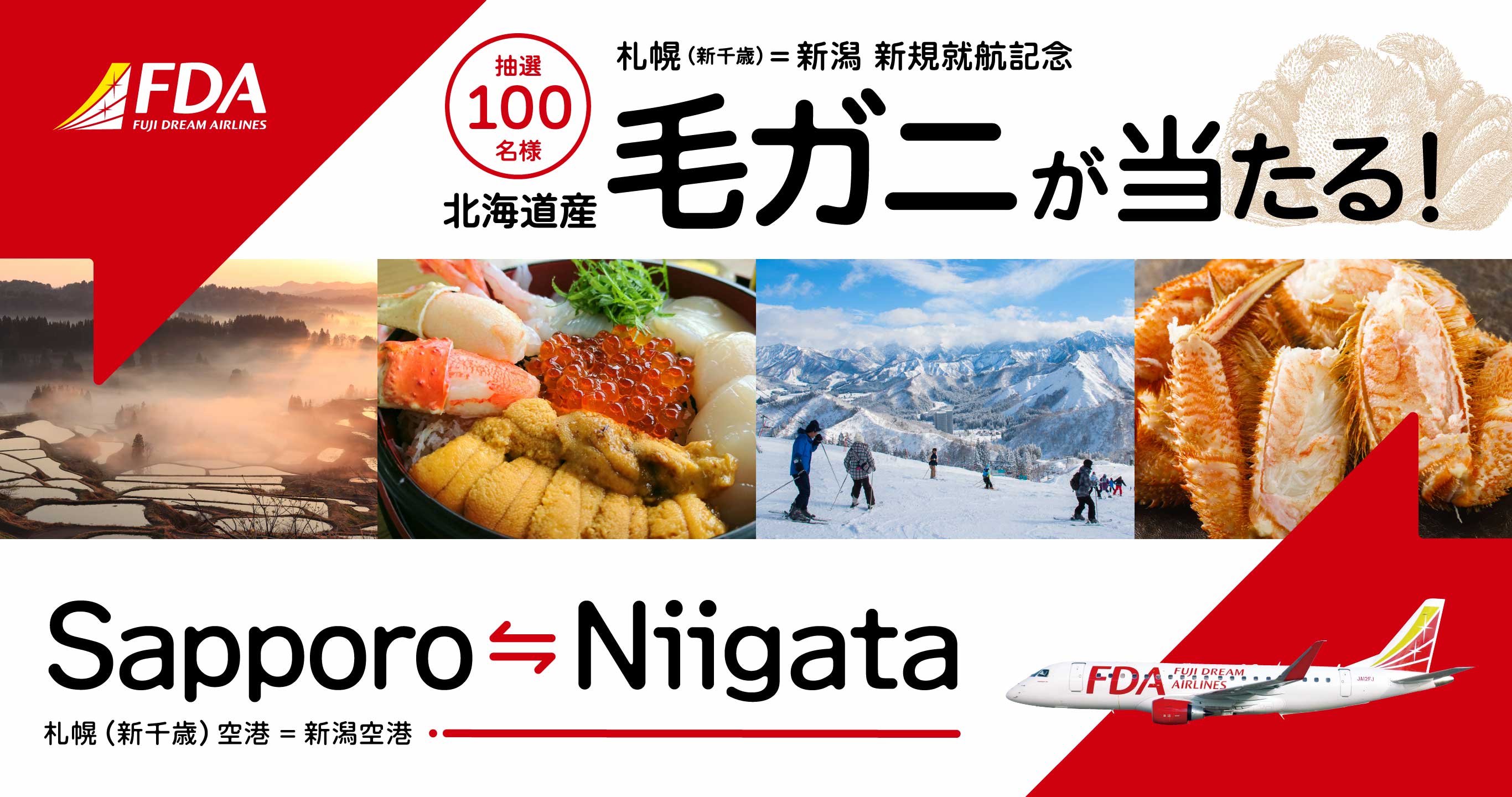 フジドリームエアラインズ（FDA）「札幌（新千歳）＝新潟」就航記念、北海道産毛ガニが当たる！キャンペーン