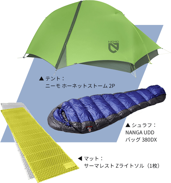 テント:ニーモ ホーネットストーム 2P、マット:サーマレスト Zライトソル(1枚)、シュラフ:NANGA UDD バッグ 380DX