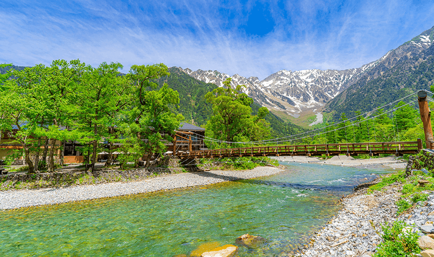 河童橋と初夏の上高地の風景