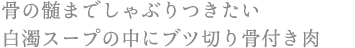 骨の髄までしゃぶりつきたい 白濁スープの中にブツ切り骨付き肉
