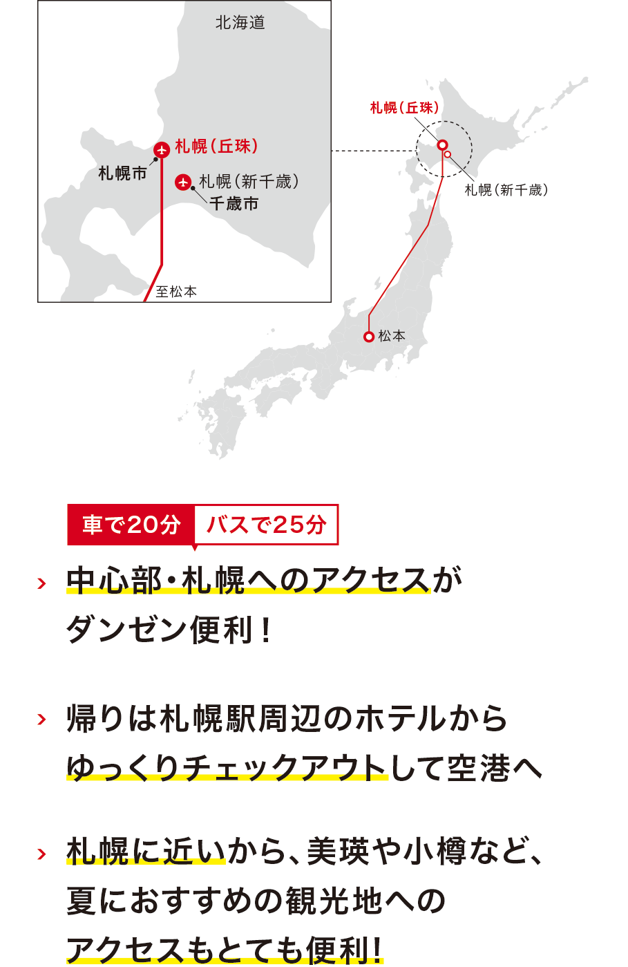 <車で20分/バスで25分>中心部・札幌へのアクセスがダンゼン便利!・帰りは札幌駅周辺のホテルからゆっくりチェックアウトして空港へ・札幌に近いから、美瑛や小樽など、夏におすすめの観光地へのアクセスもとても便利!