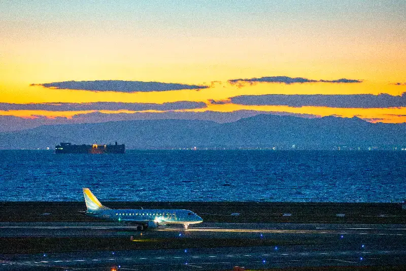 夕暮れの中部国際空港で着陸後に誘導路へ向かうFDA機