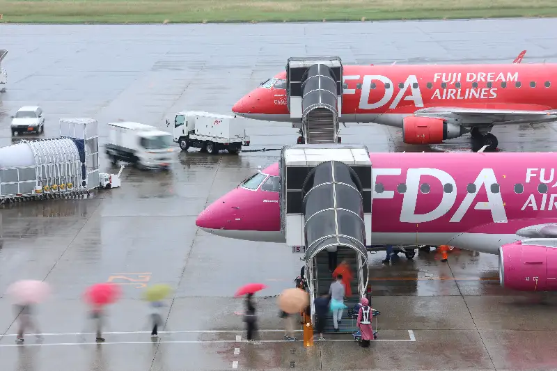 雨の名古屋(小牧)空港でドリームレッドの1号機とローズピンクの15号機に搭乗する乗客